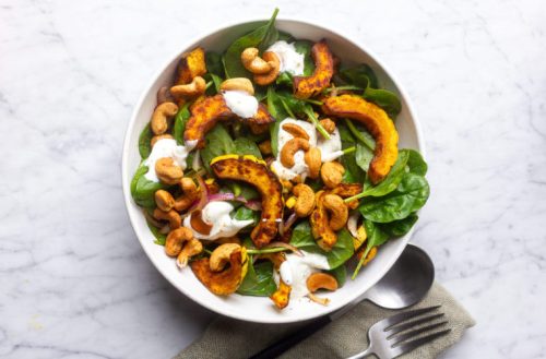 Curry roasted squash with spinach & spiced cashews